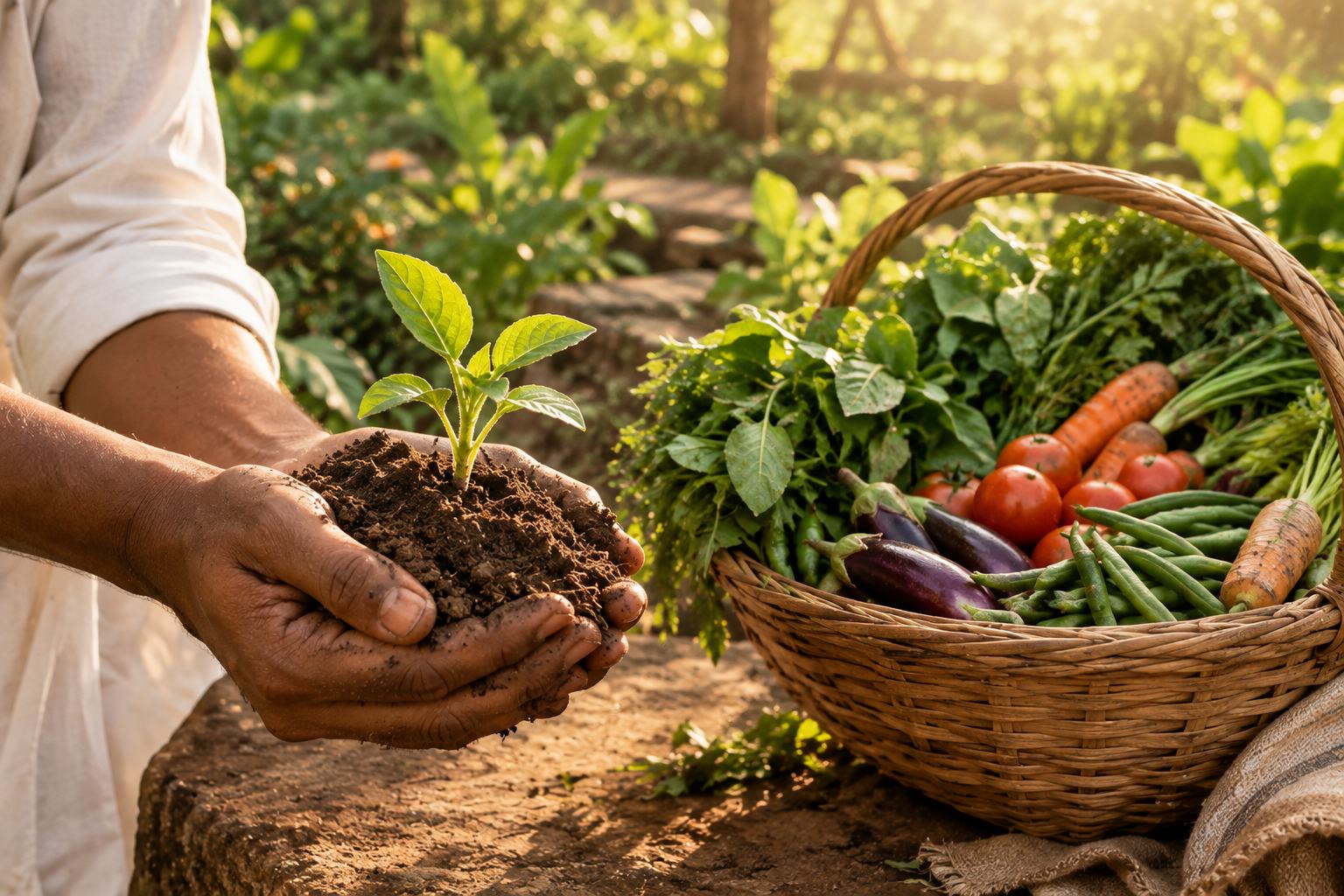 Hands holding fresh soil and a seedling beside a basket of just-harvested vegetables
