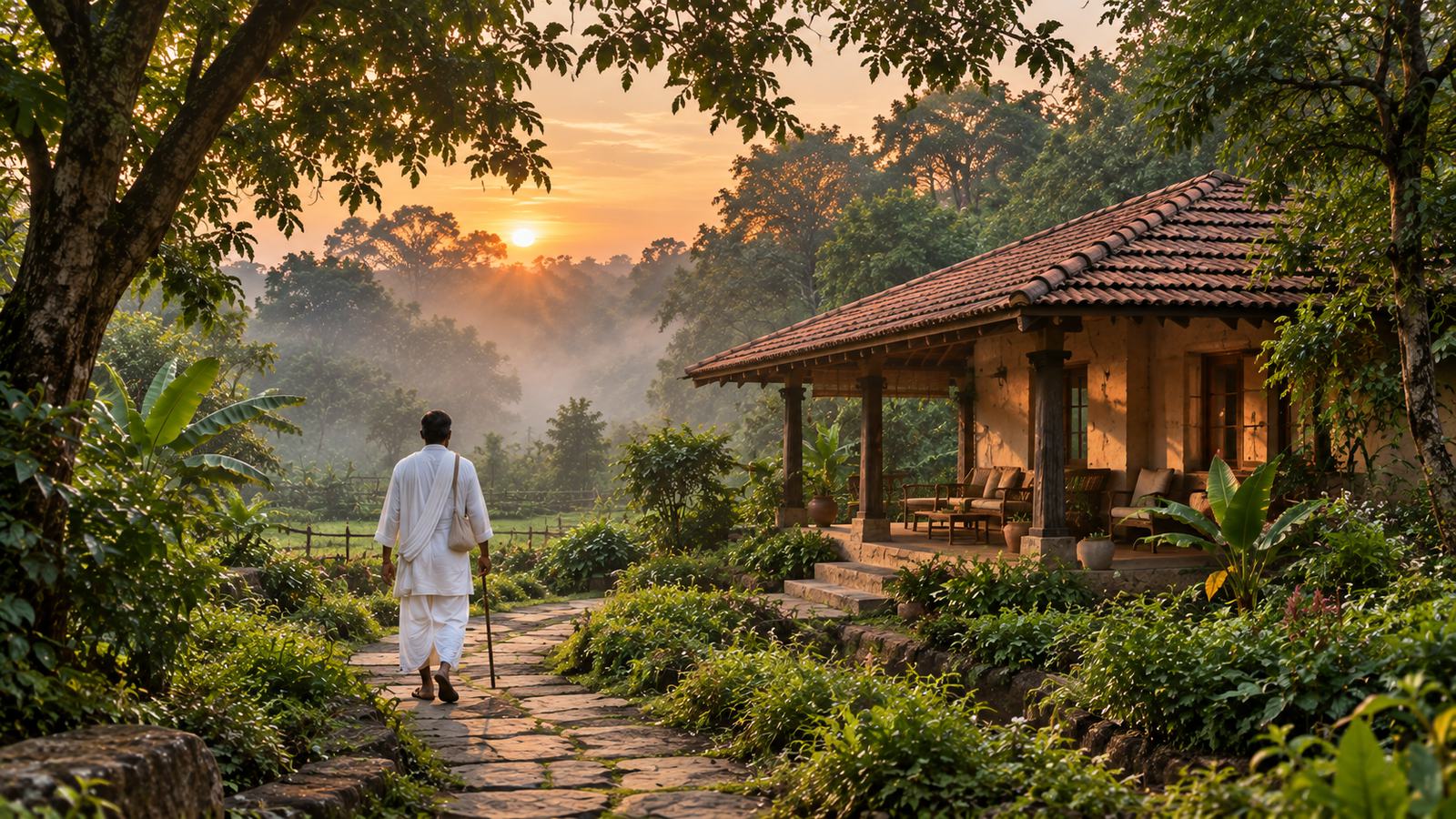 A pilgrim in white cotton walking a forest stone path toward a terracotta-roofed cottage at sunrise