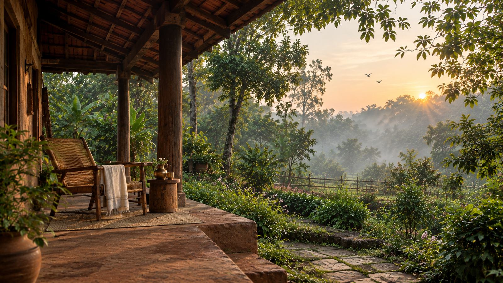 An empty cane chair on a laterite verandah at dawn, looking out over a misty forest with birds in flight