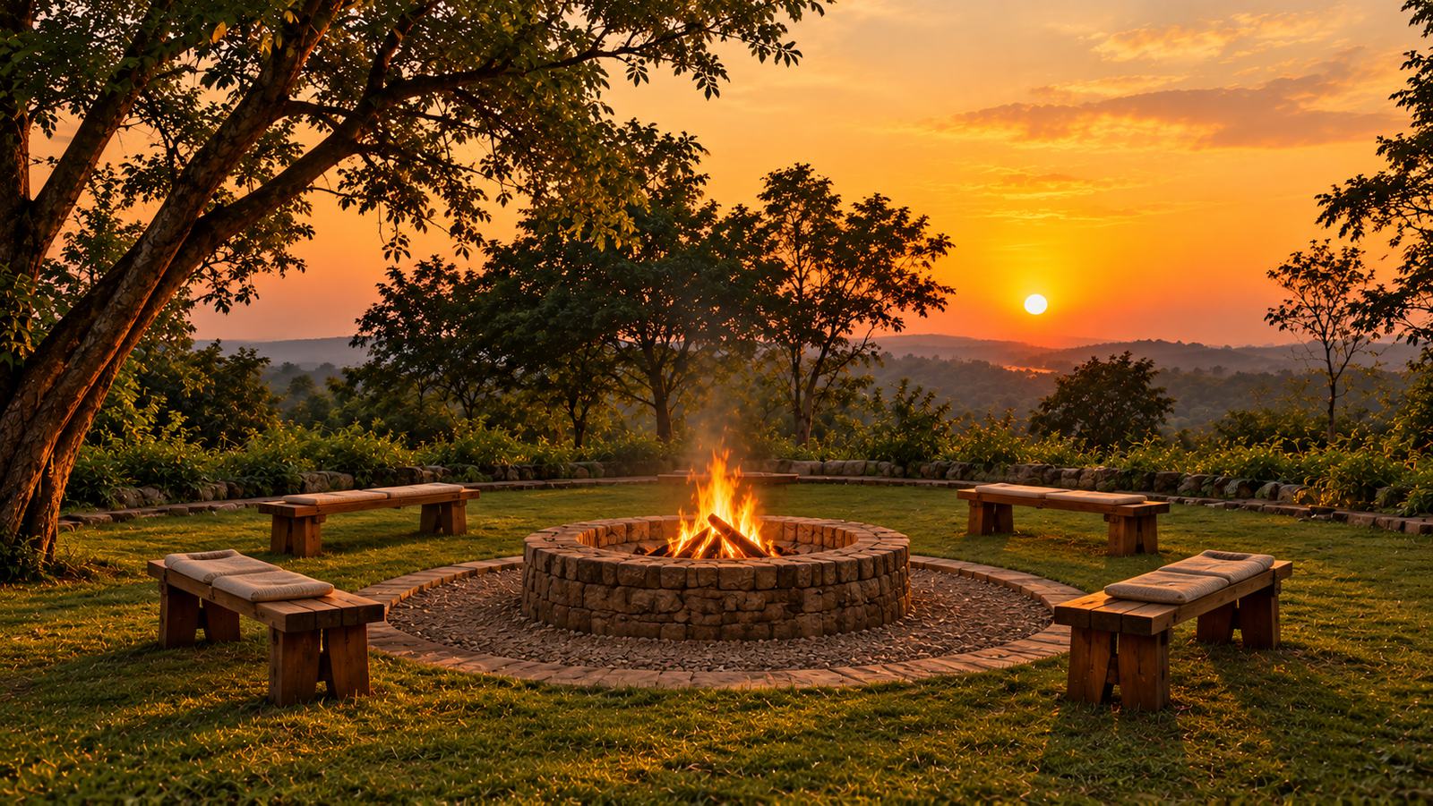A stone fire pit ringed by wooden benches on a lawn at sunset