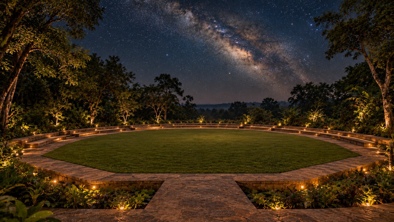 A wide lawn framed by low stone steps under a sky full of stars