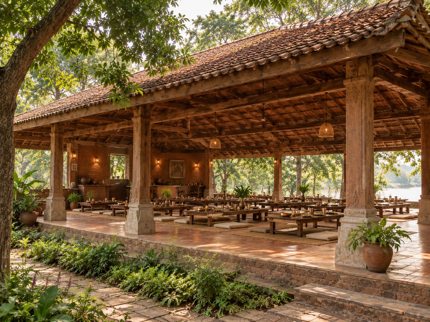 An open dining pavilion with teak columns, terracotta roof and low wooden tables set for a meal