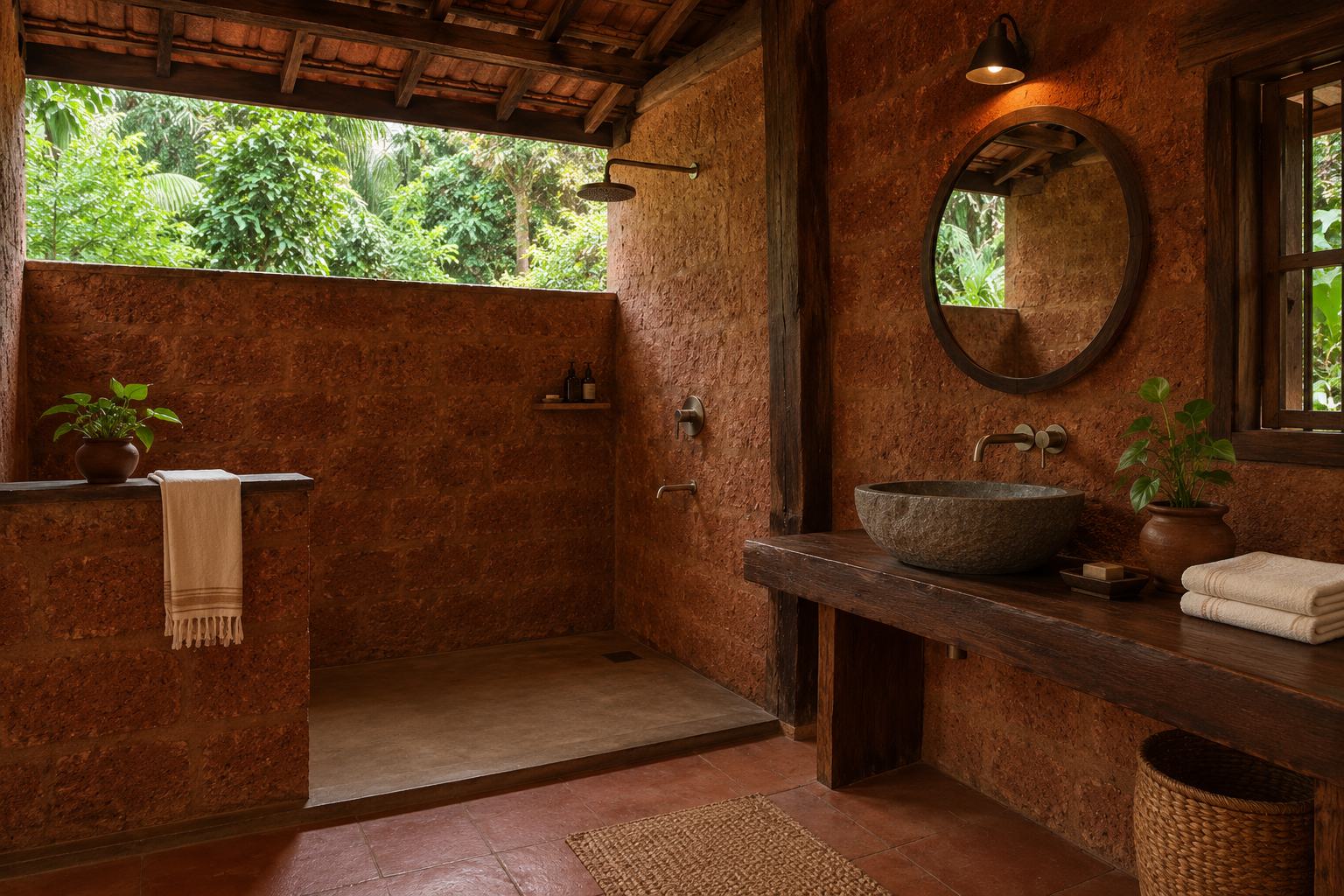 A cottage bathroom of stone and wood with a rain shower and forest view