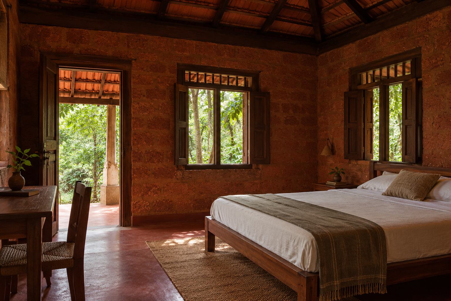Inside a cottage: a timber bed with cotton linen, cane chair and large windows onto the forest