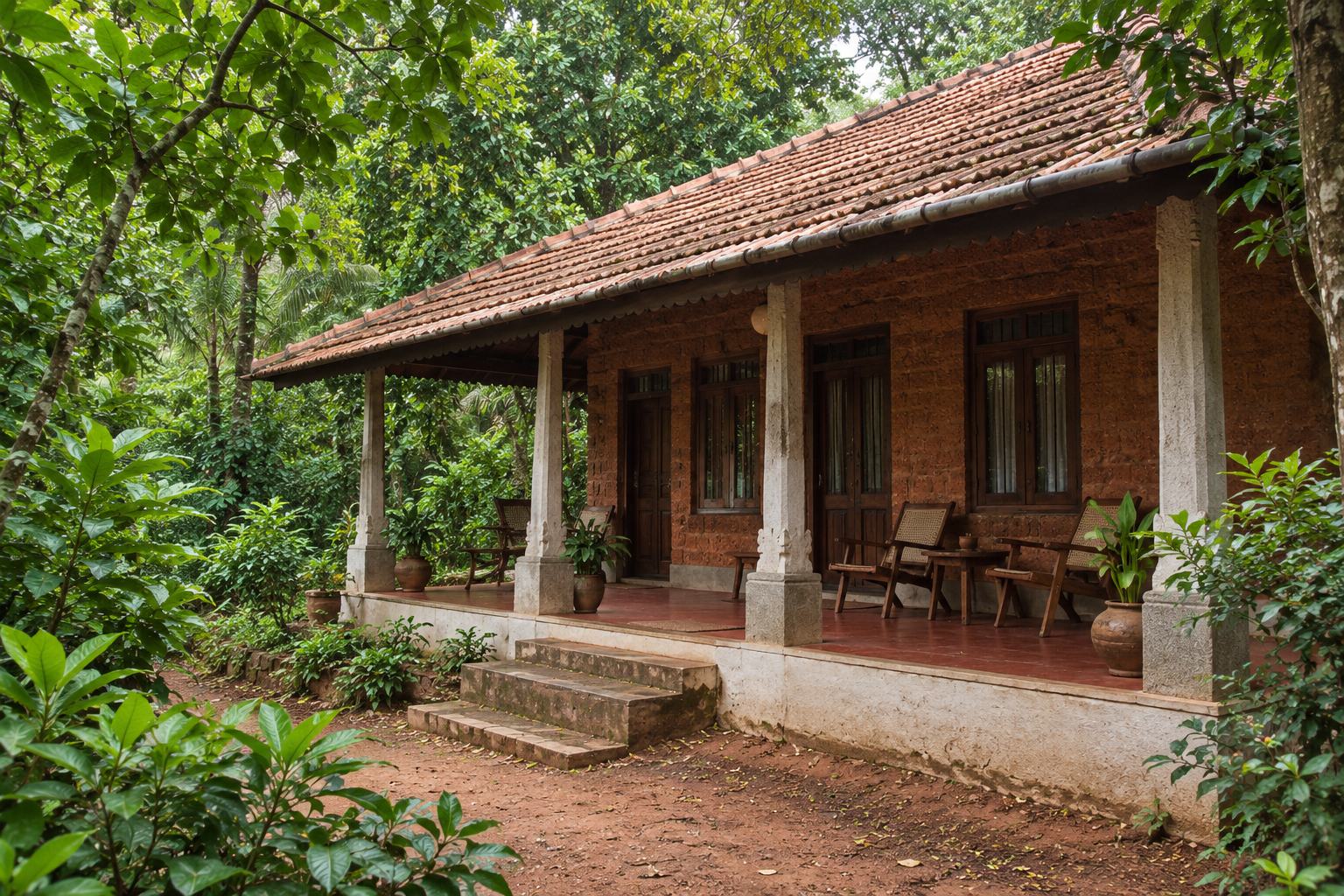 A terracotta-roofed earth and timber cottage with a verandah, surrounded by lush forest