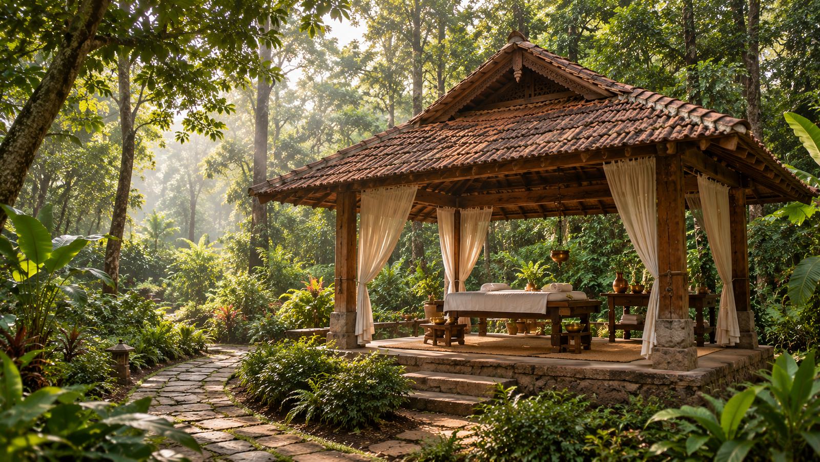 A tiled timber treatment pavilion with a massage table and cotton drapes, in a misty forest