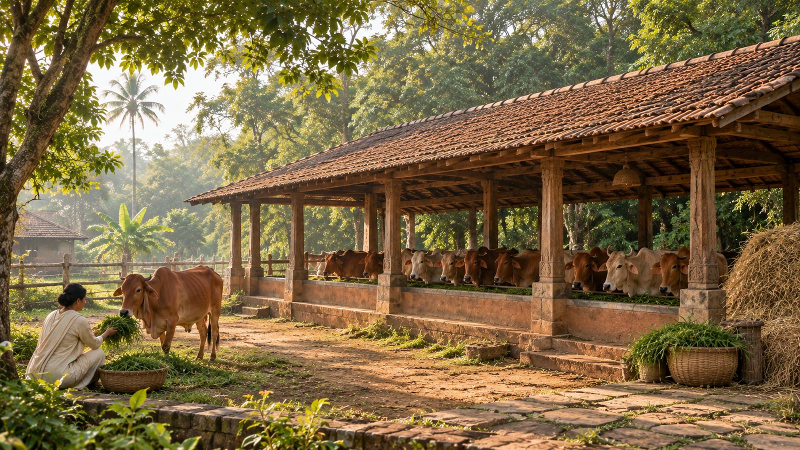 Gir and Sahiwal cows under a long tiled cowshed, with a guest feeding a calf in the morning light