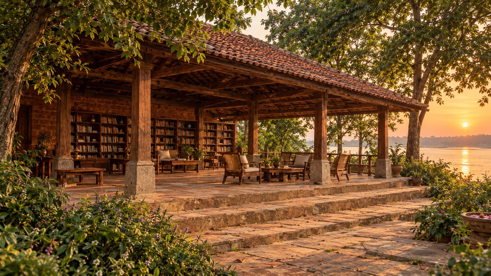An open-sided library pavilion of timber columns and terracotta roof, its shelves facing the river at sunset