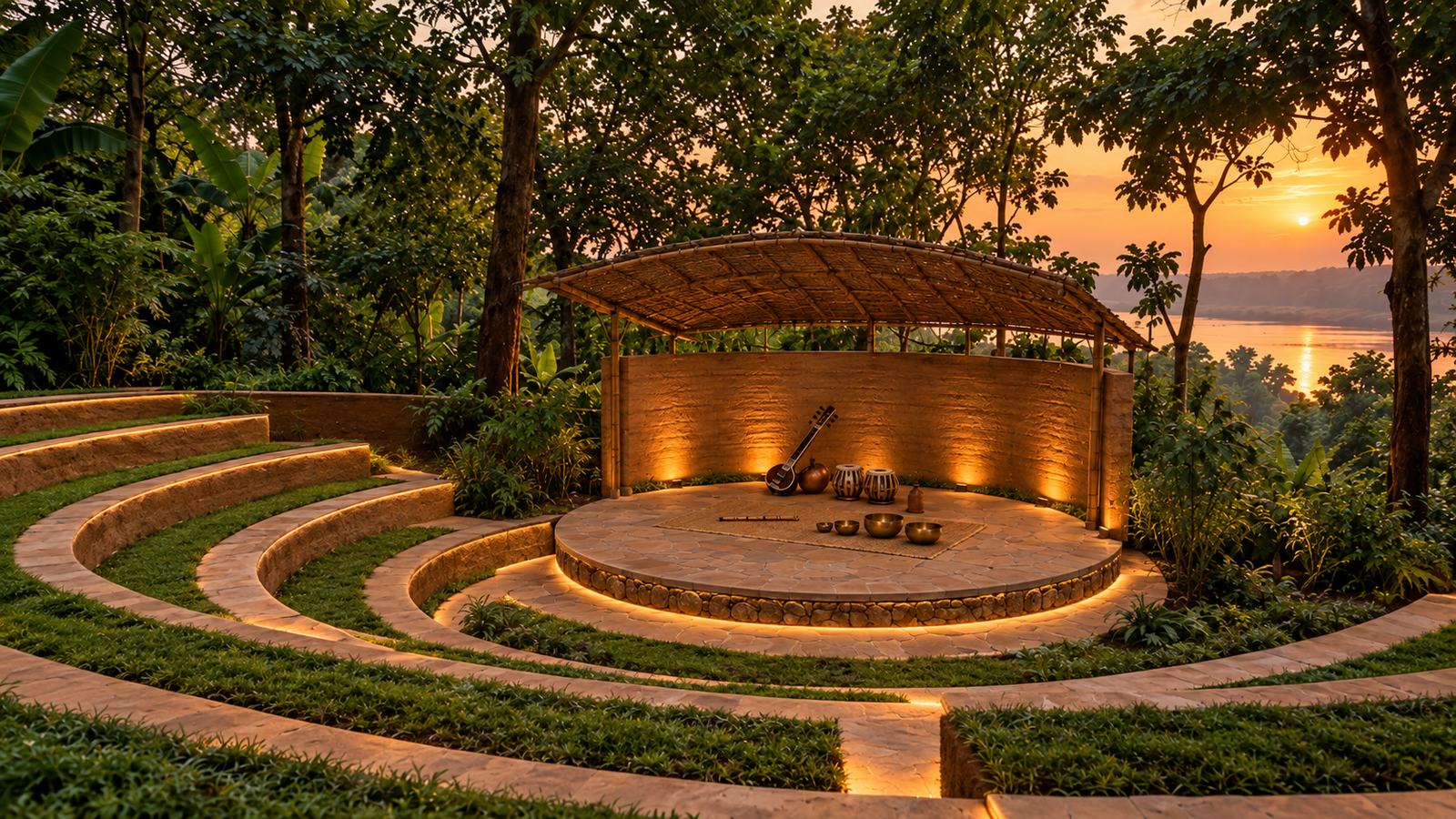A small earth-and-lime amphitheatre at twilight, a sitar and singing bowls resting on the stage