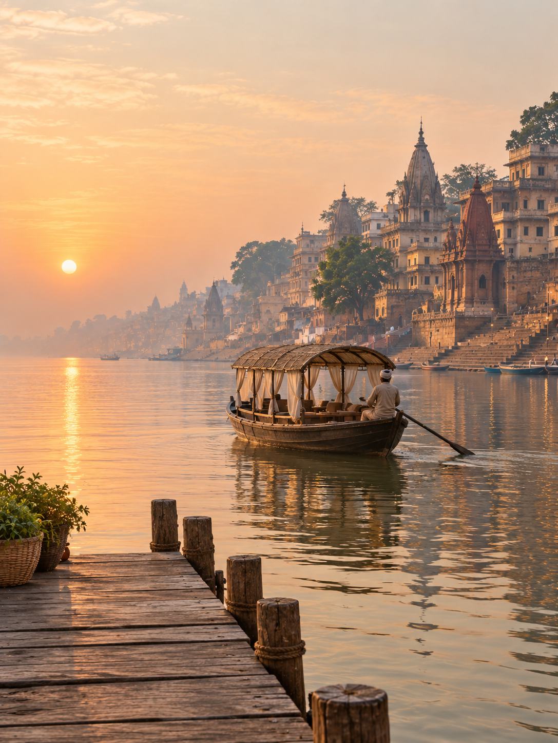 A wooden jetty on the Ganga at sunrise, a canopied boat heading toward the temples of the ghats
