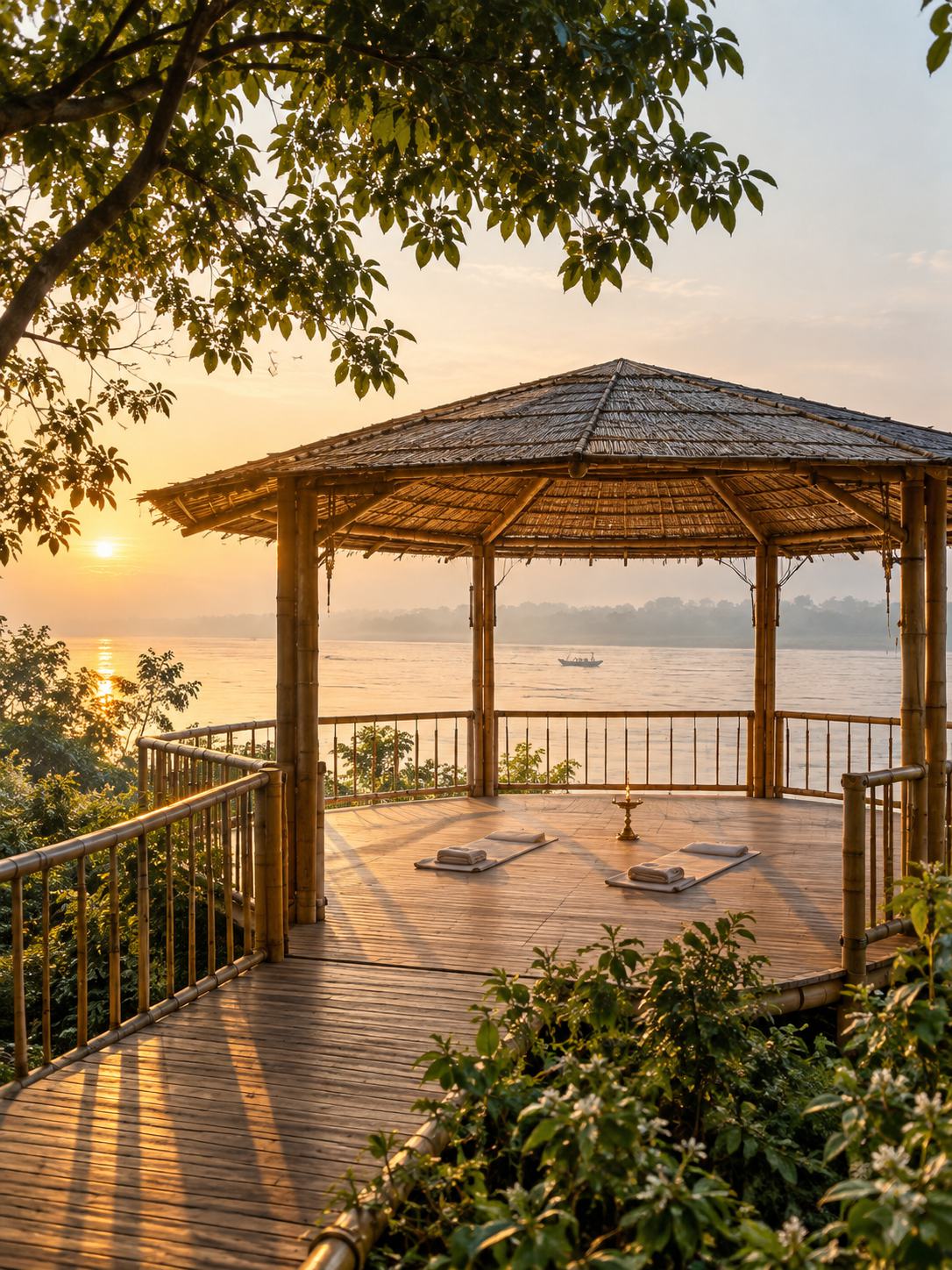 An octagonal bamboo yoga deck under a cane roof, reaching toward the river