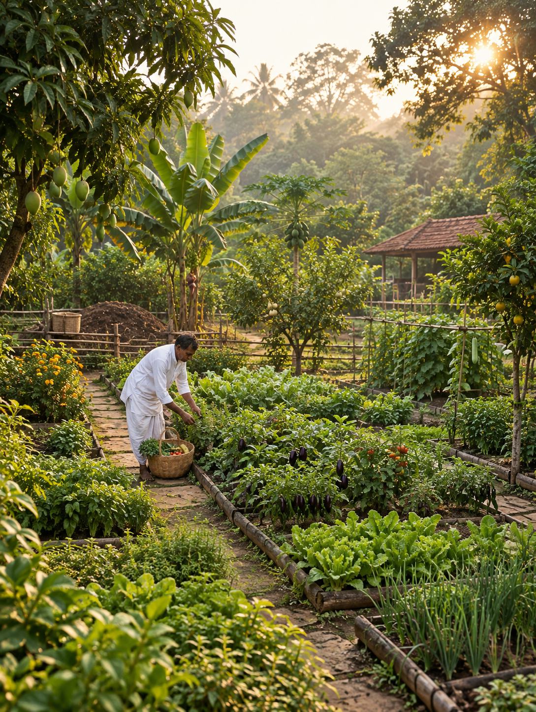 A gardener harvesting vegetables from raised organic beds among fruit trees at sunrise